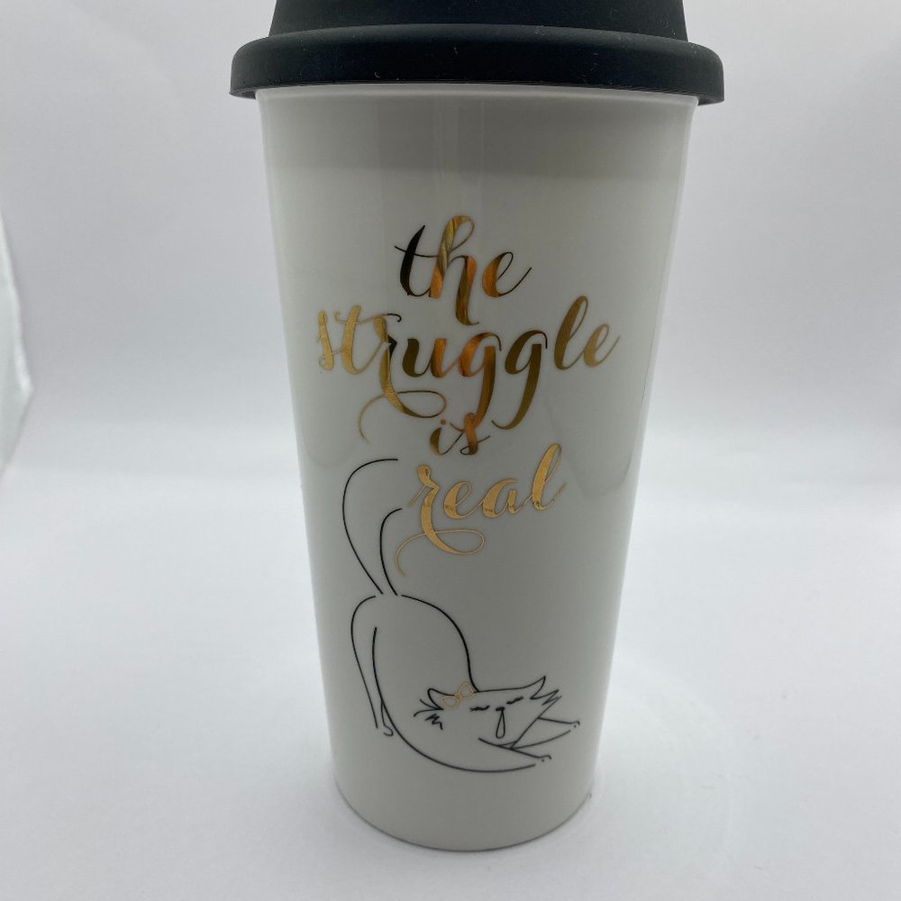 Tall Ceramic mug with silicone drink lid; cat